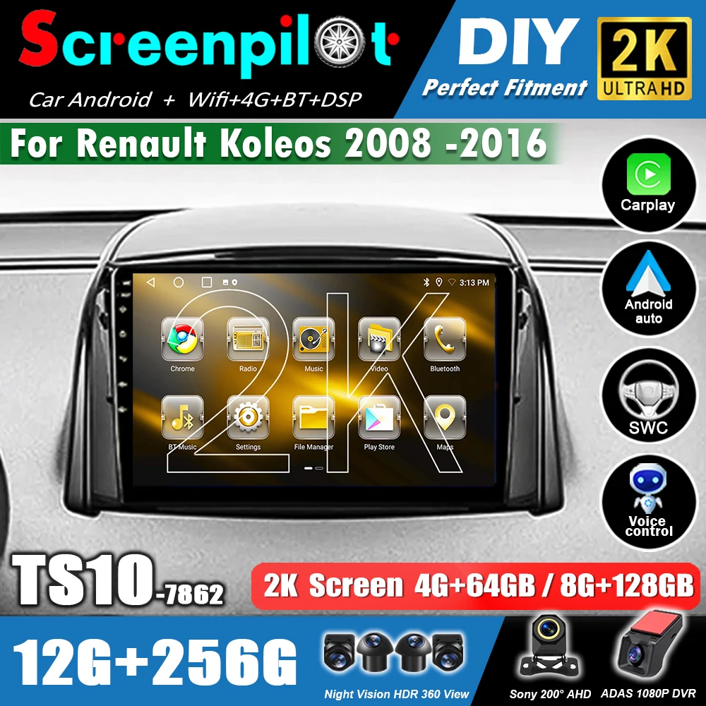 Android 16 Carplay Auto DSP For Renault Koleos 2008 -2016 Car Radio GPS 2 Din Stereo DVD Video Player Head Unit WiFi 2K QLED