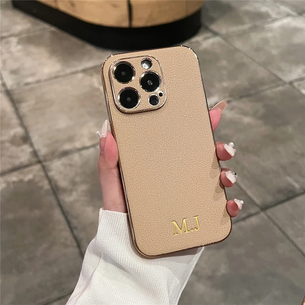 Coque de Protection Personnalisée avec Nom, en Cuir Souple Plaqué, pour iPhone 14, 13, 12, 11, 15, 16 Pro Max