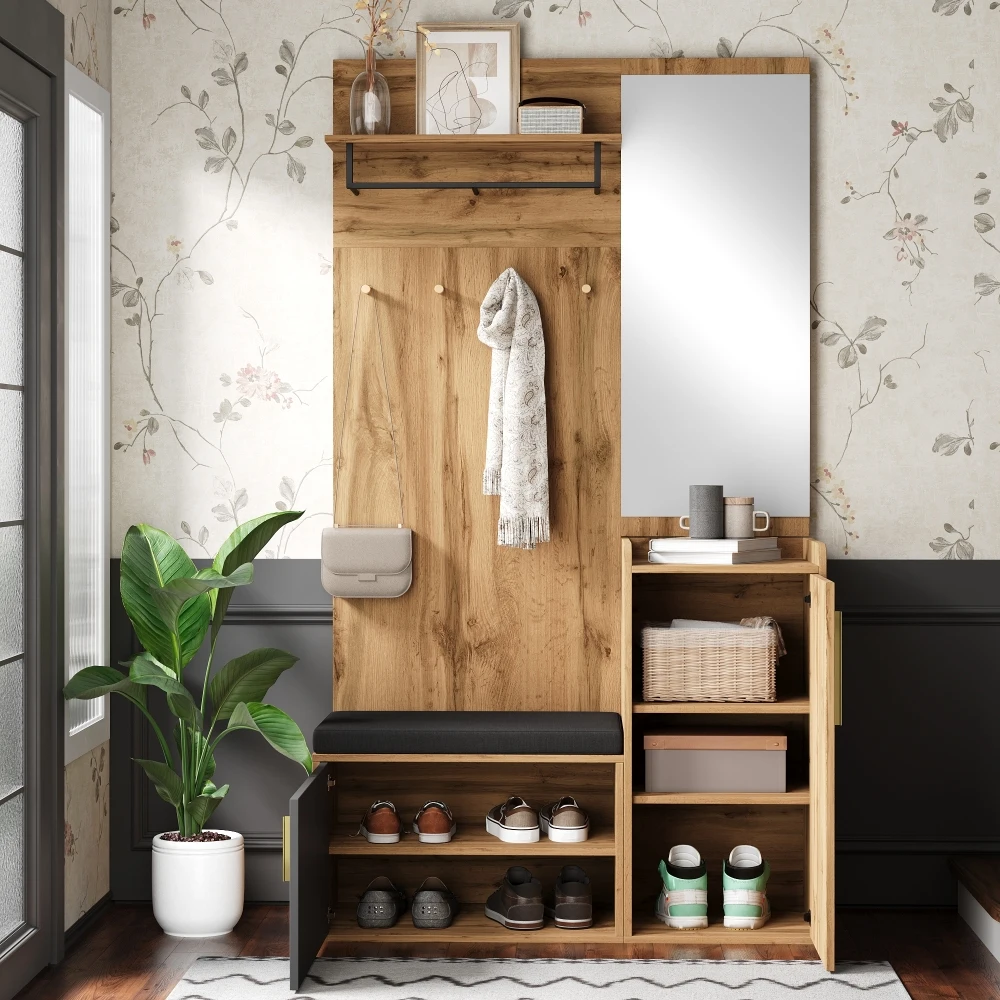 PINGGO Kompakter Kleiderschrank mit Spiegel und Sitzfläche, Kleiderschrank mit Schuhregal und Haken, kompakter Kleiderschrank, der an der Wand bohren muss – Detail 3