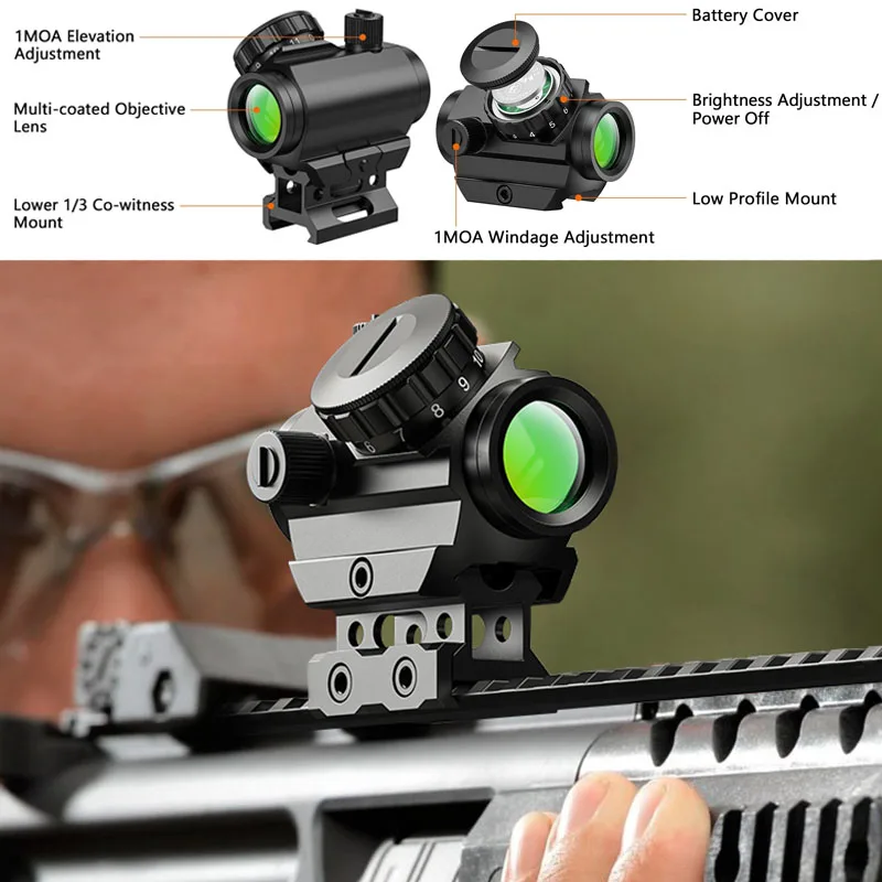 

Motion Awake Tactical Green Dot Sight 2 MOA Reflex Sights Optics Compact Scope With Lower 1/3 Co-Witness Riser 21mm Picatinny