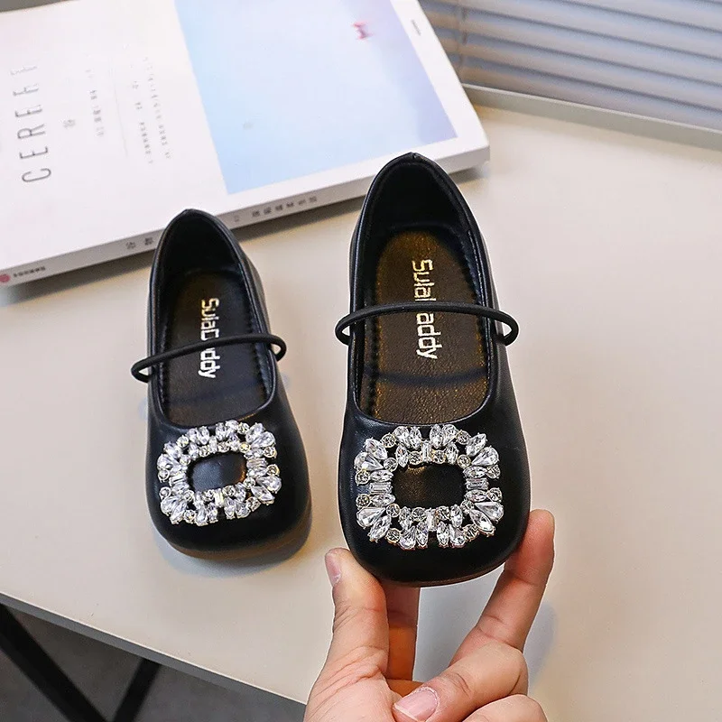 2024 Kids Leather Shoe Non-slip Girls Princess Ballet Shoes Fashion Rhinestone Buckle Children\'s Causal Wedding Party Flat Shoes