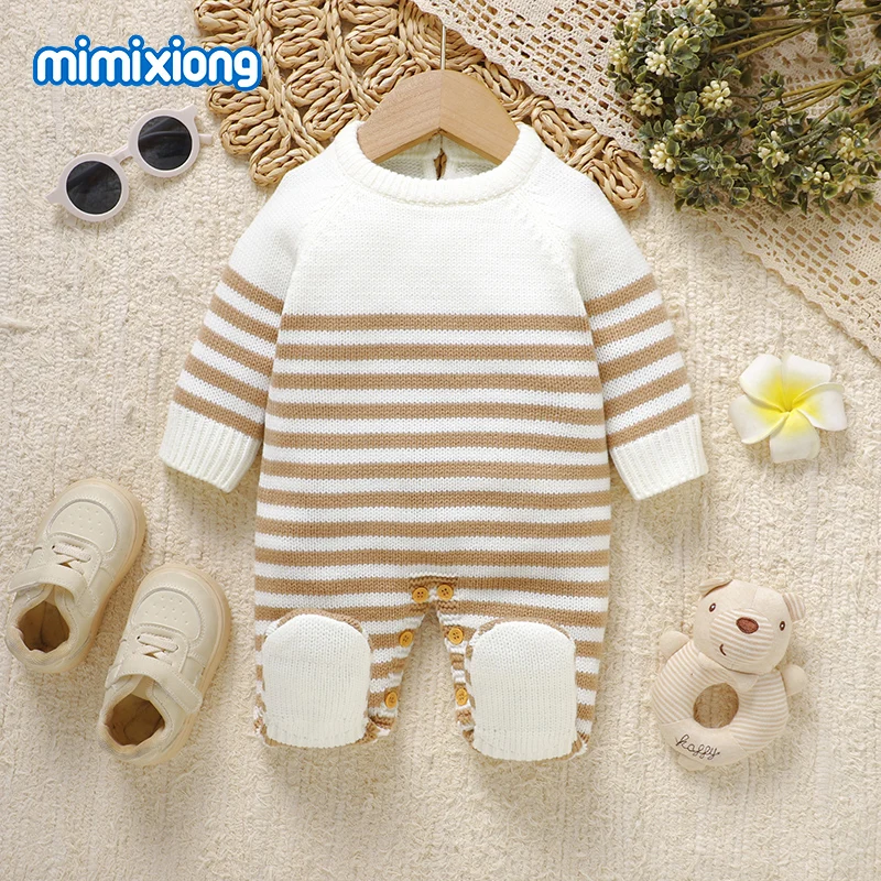 

Fashion Stripes Knit Newborn Infant Boys Girls Rompers Clothes 0-18m Infant Footed Jumpsuits One Piece Toddler Outwear Playsuits