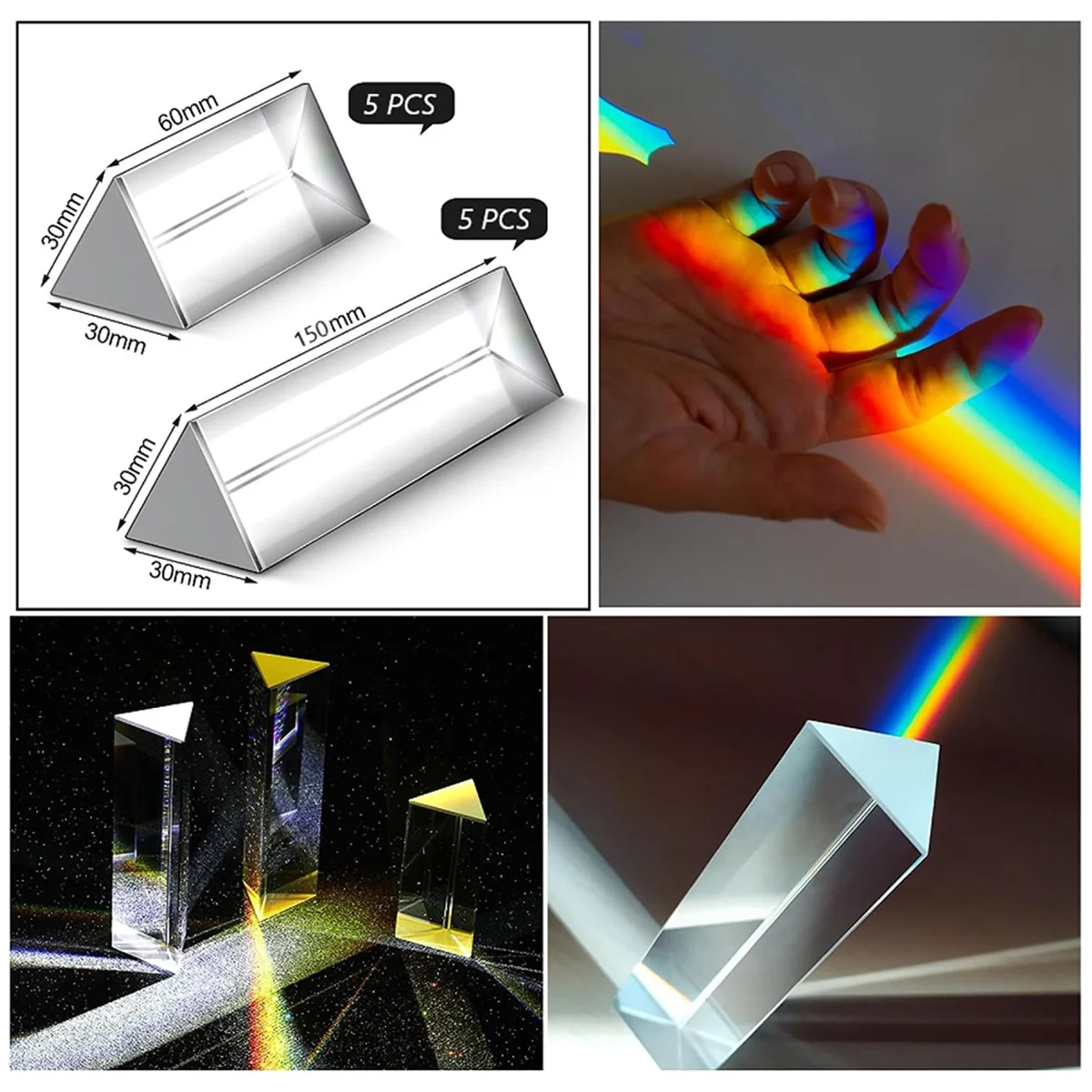 

ABGL, 10 упаковок, прозрачные треугольные призмы, оптические стеклянные призмы, кристалл, световой спектр, физика для преподавания науки, 2,4 дюйма, 6 дюймов
