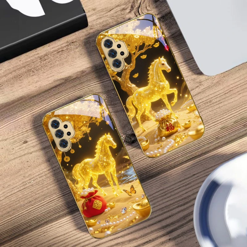 

The Golden Fighting Horse For Samsung A 31 32 33 34 35 14 15 13 16 25 26 50 52 53 54 55 56 70 71 72 73 Golden glass phone case