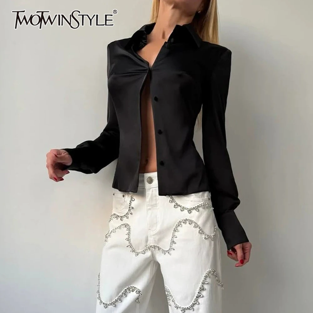 TWOTWINSTYLE Elegant Buttons Women Shirts Lapel Collar Long Sleeve Chic Fitted Shirt for Daily Commute Wear Fashion Autumn New
