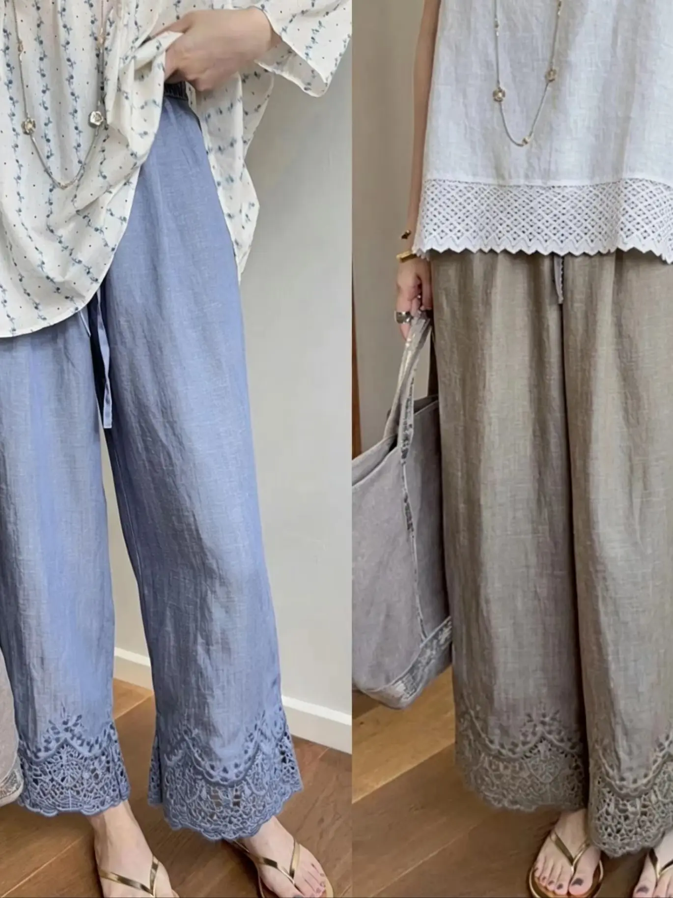 Women Embroidery Hollow Out Wide Leg Pants Elastic Waist Loose Female Linen Blend Trousers