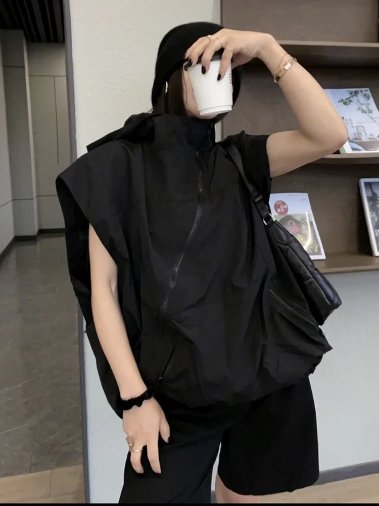 Women's Loose Fit Zipper Tank Top Vest Summer Workwear Sle Asymmetrical Zipper Design Svel Hooded Windbreaker Vest