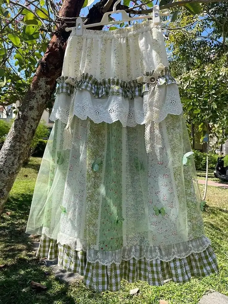 

Jupe Femme Harajuku Lace Kawaii Girl Skirts Green Splicing Japanese Lolita Loose 2000s Summer Women Clothing Y2k Long Skirts Emo