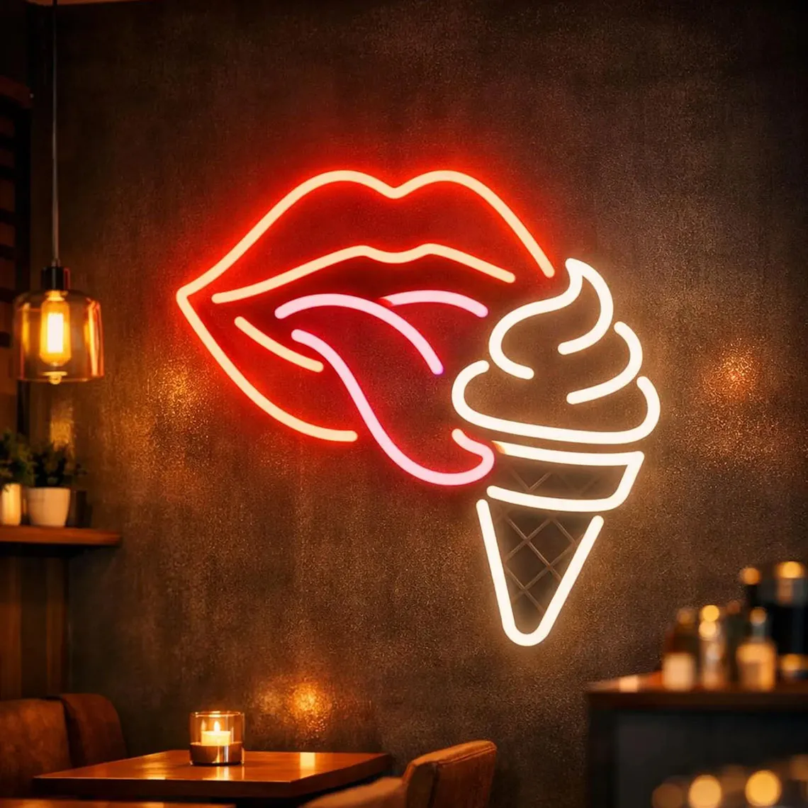 Ice Cream Tongue Neon Sign,Playful Mouth Licking Popsicle Neon Artwork For Bars,Gift for Ice Cream Shop,Dessert Neon Decor