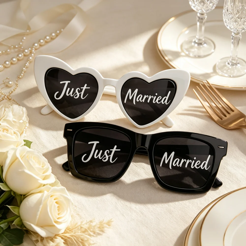 2pcs/set Just Married White Black Glasses Bridal Groom Wedding Party Decoration Photo Prop Set, Bachelor Party Supplies Set