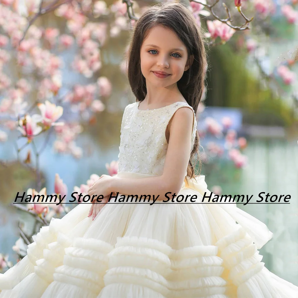 

Girls Birthday Party Dresses Round Neck Sleeveless Sequin Applique Ball Gown Knee Length Ruffles Tulle Flower Girl Dress