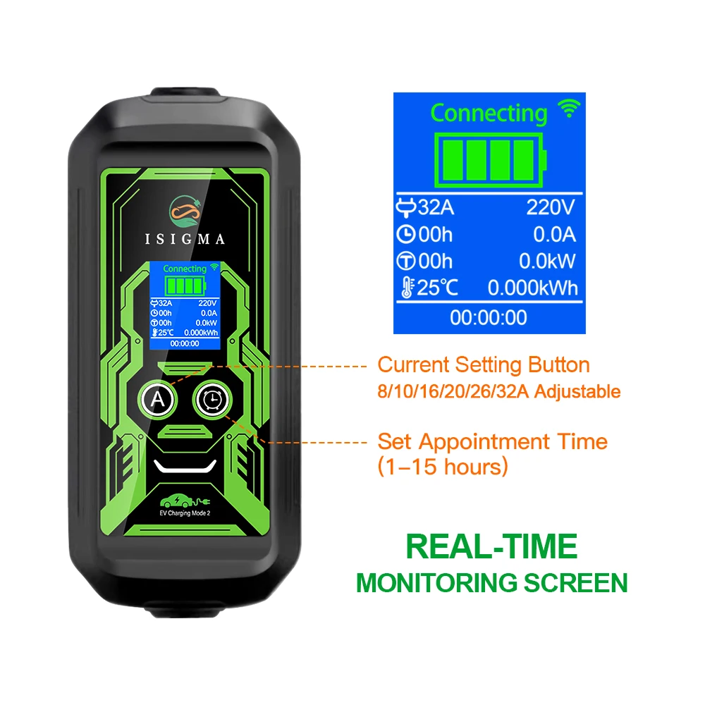 ISIGMA APP Type2 Type1 Electric Vehicle Charger EVSE Charging Cable Wi-Fi Bluetooth APP Control 32A 7.2KW Portable EV Charger