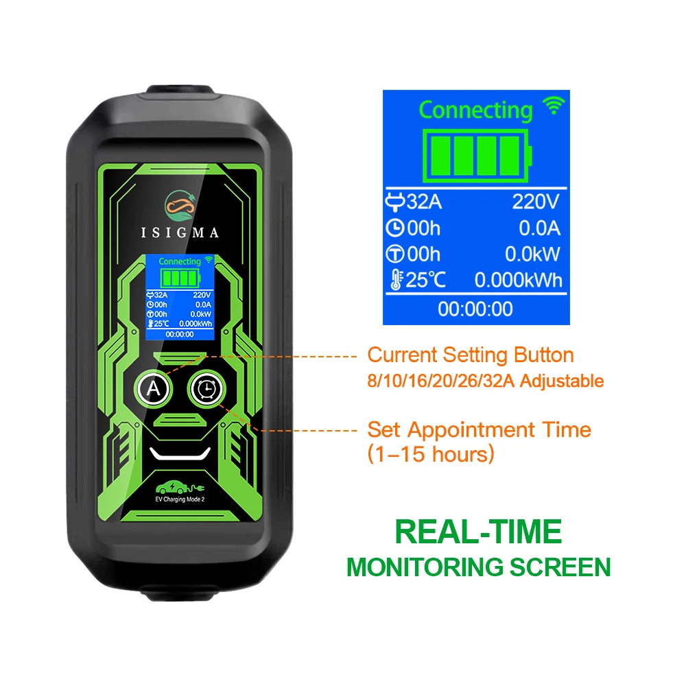 Isigma app typ2 Typ1 Ladegerät für Elektro fahrzeuge evse Ladekabel Wi-Fi Bluetooth App-Steuerung 32a 7,2 kW tragbares EV-Ladegerät