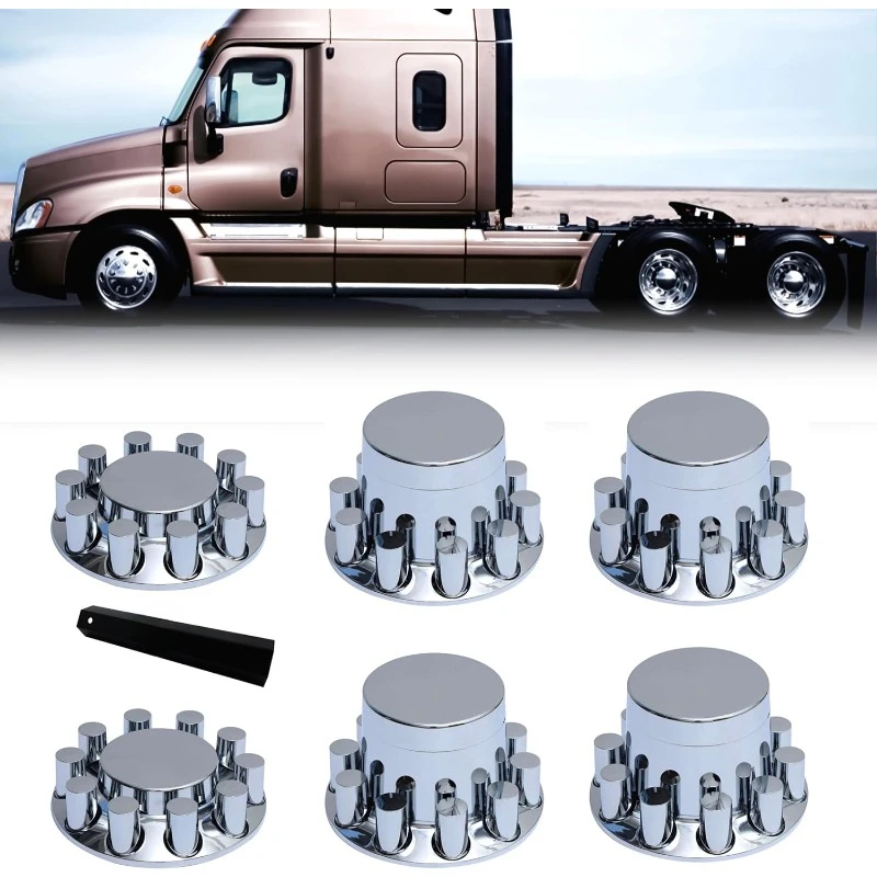 Chrome Front & Rear Axle Complete Covers for Semi Trucks (Installation Tool Included) Standart Hub Caps Kit，home.