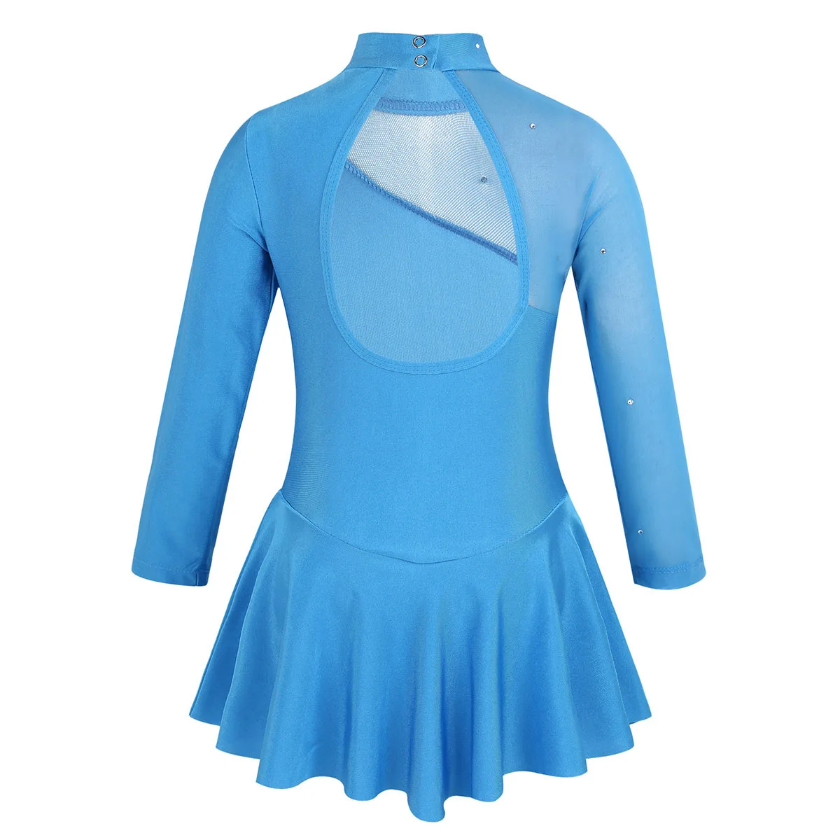 GirlsLong Sleeves Gymnastic Figure Ice Skating Dress Rhinestone Mesh Tulle Splice Leotard Dress Ballroom Ballet Dance Clothes