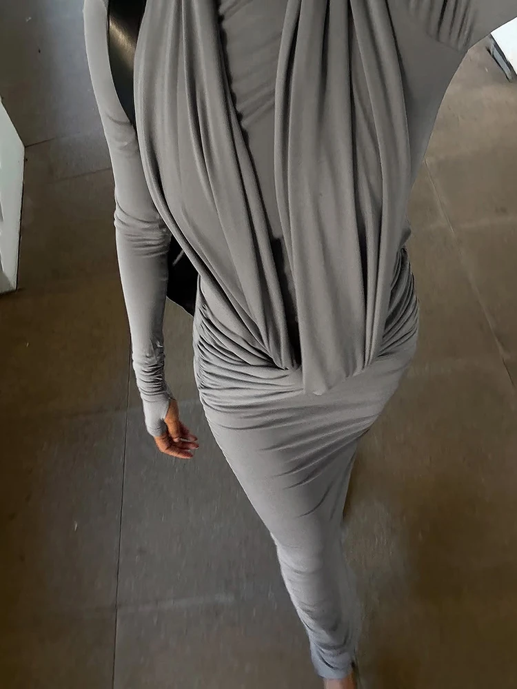 Weird Puss Elegant Bandage Dress Women Halter Ruched Patchwork Half High Collar Peach Hip Simple Stretch Skinny Slit Bodycon