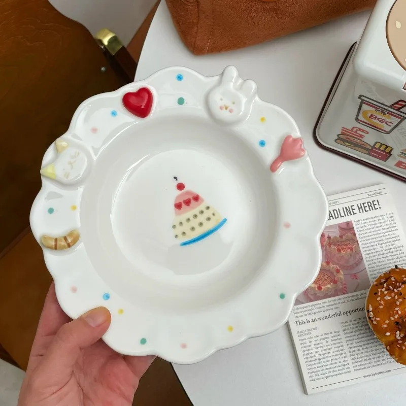 

Lace Plate Relief 3D Cat Rabbit Ceramic Plate Birthday Tableware Breakfast Dessert Plate