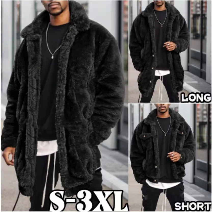 Men Faux Fur Jacket Coat Cardigan Winter Thick Fluffy Warm Shaggy Outerwear Turn Down Collar Single Breasted Casual Overcoat