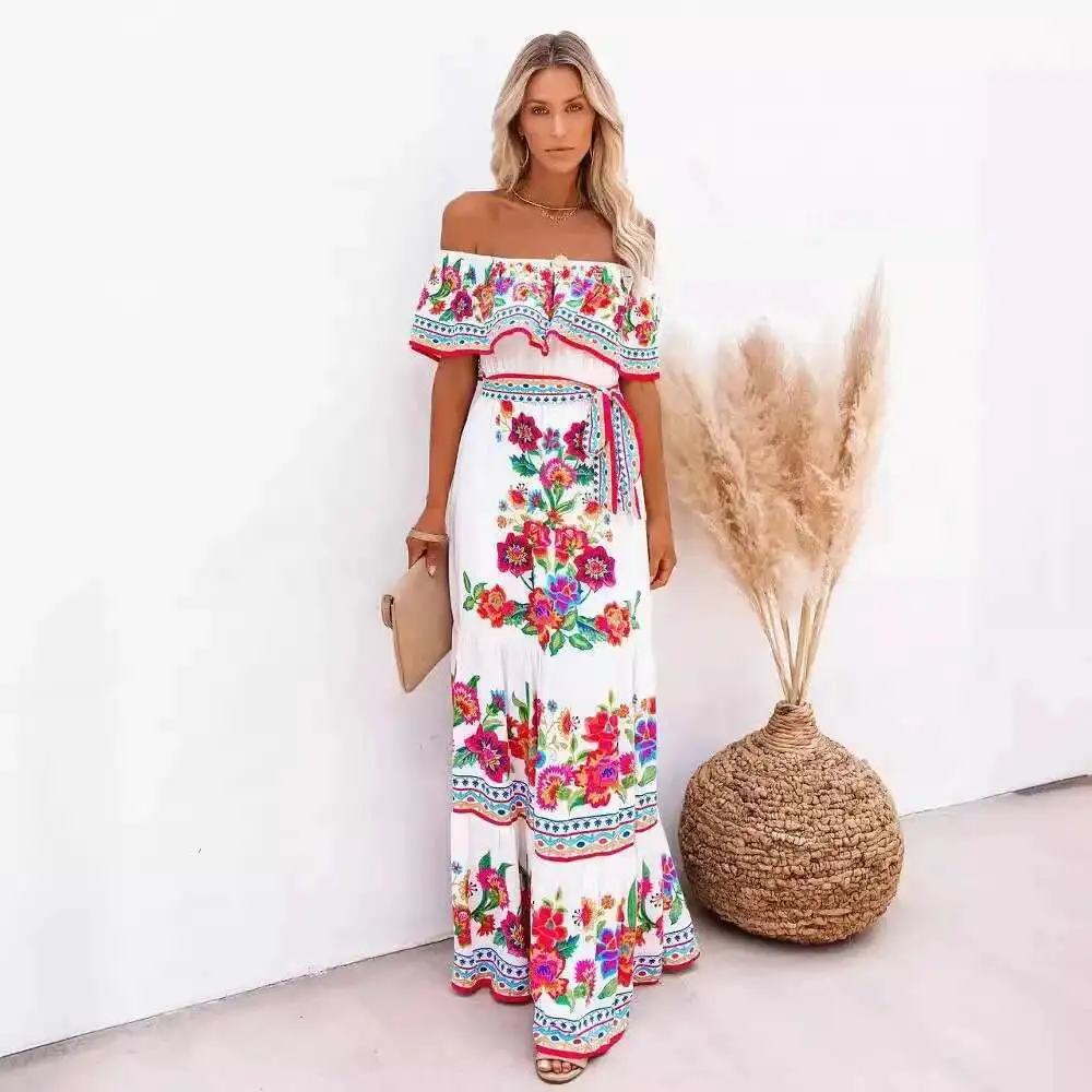 2024 Spring Summer New Independent Stand Off-Shoulder Red Wer Printing Long Dress Oversized Wide Heme Sleeveless