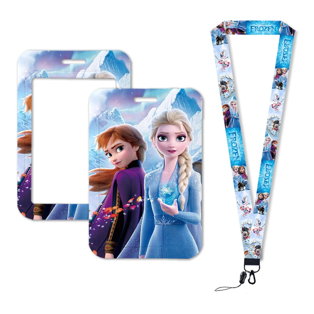 W Princess Cartoon Card Holder Frozen 2 Elsa Anna Princess Anime Figures Kids Lanyard ID Card Holder Cover Pendant Keychain