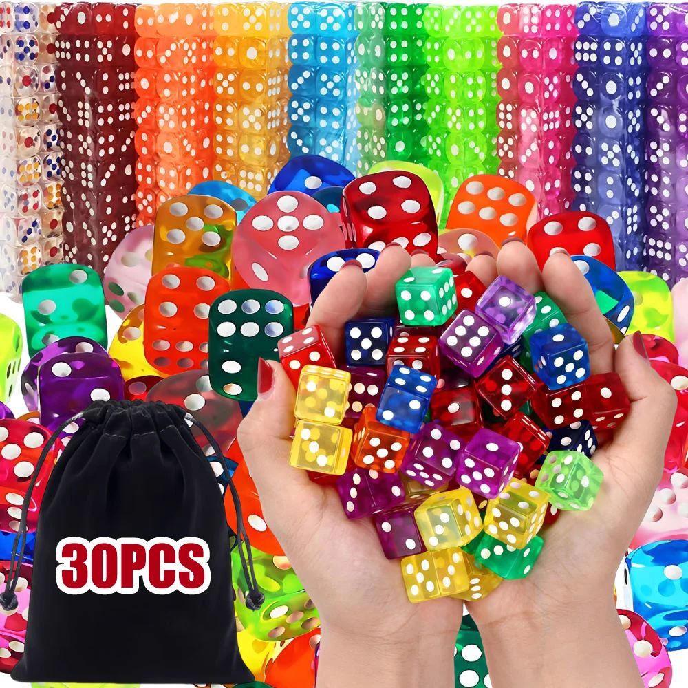 

30pcs 14mm Transparent Dice & Storage Bag, Multicolor Round Corner Dice for Board Games, Casino Party, Family Entertainment YMY