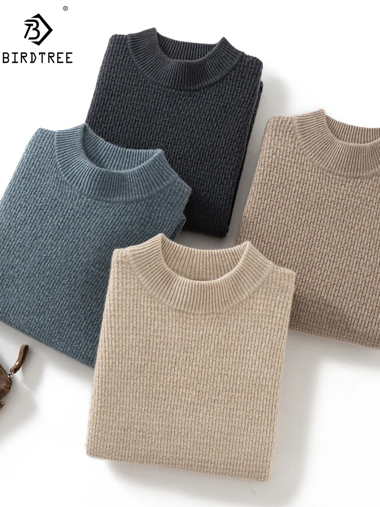 

BirdTree, Cashmere Wool Blended Thick Sweaters, Men's Mock Neck Solid, Soft High Quality Sweater, 2024 Autumn Winter T479122QM