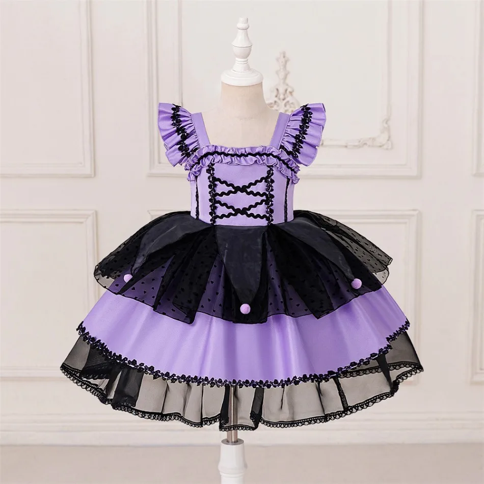 Purple Ruffle Strap Pom Pom Layered Tulle Princess Dress Cute Kids Girls Birthday Halloween Holiday Party Cosplay Costume ASQ03