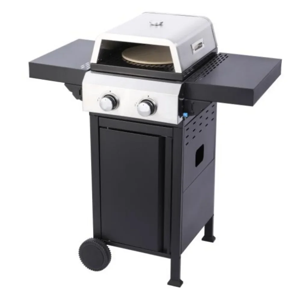 

2-Burner Propane Gas BBQ Grill, Pizza Box, 24600BTU Output with Wire Enamel Cooking Grids, Foldable Side Table, Hanging Basket