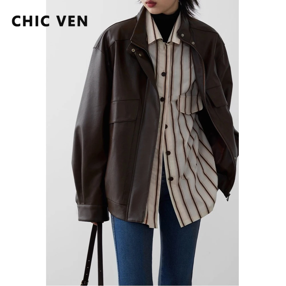 CHIC VEN Fashion Women Long Sleeve Jacket Loose Casual Solid Thick PU Faux Leather Coat Girl Quilted Overcoat Autumn Winter 2025