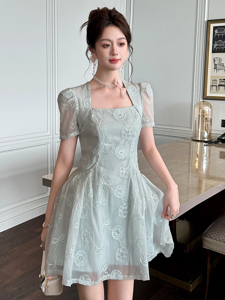 French Style Date Mini Dress for Women Kawaii Cute Banquet Short Sleeve Folds Pockets Swing Ball Gown Lady Party Female Vestidos