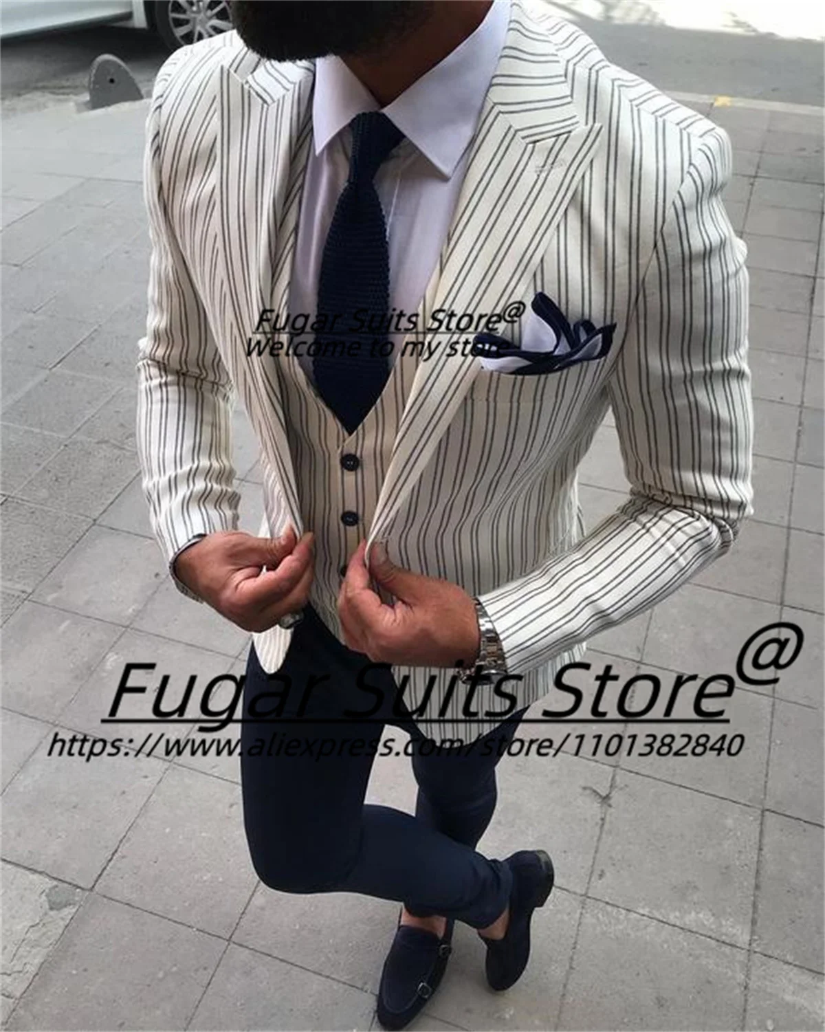 Handsome White Stripe Men Suits Tailor Made 3Pcs Sets Casual Jacket+Vest Navy Blue Pants High Qublity Male Blazers Ropa Hombre