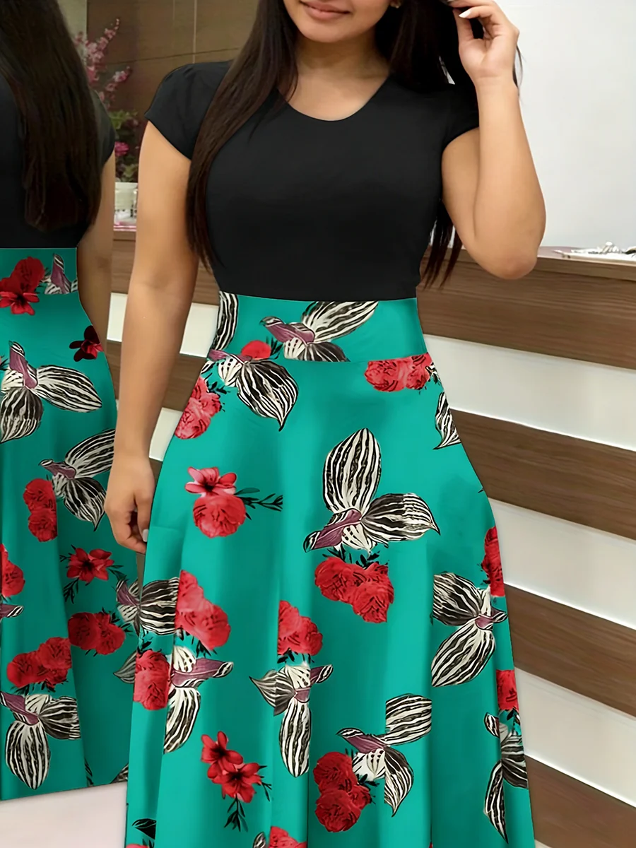 

Plus Size Women's Dress Crew Neck Cap Sleeve Floral Print High Waist Flare Maxi Dress Boho Spring Summer Vacation Dress Casual C