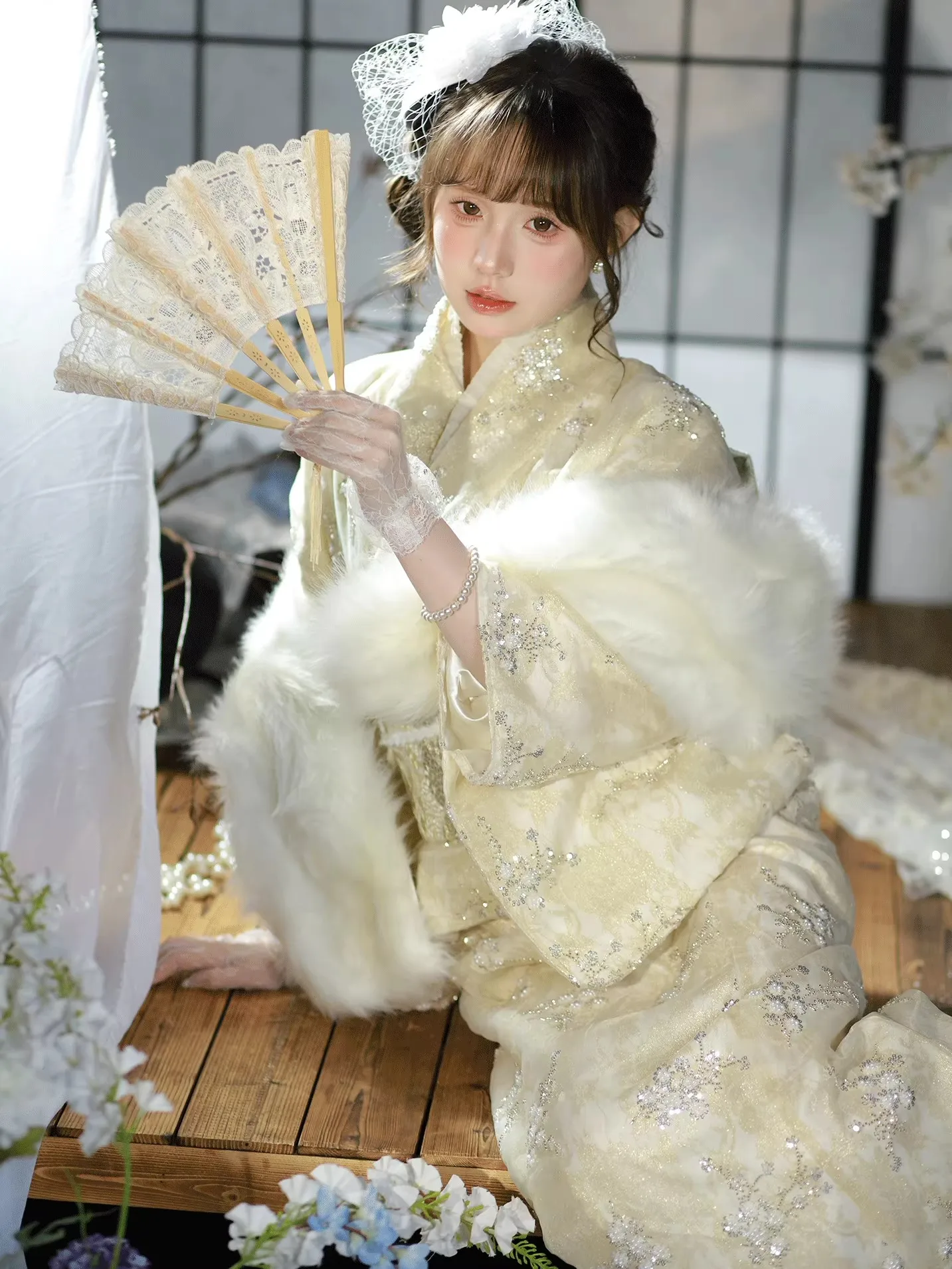 Golden Champagne Color Double-Layer Mesh Women Kimono with Heavy Beading Two-Piece Japanese Yukata Cosplay Costume