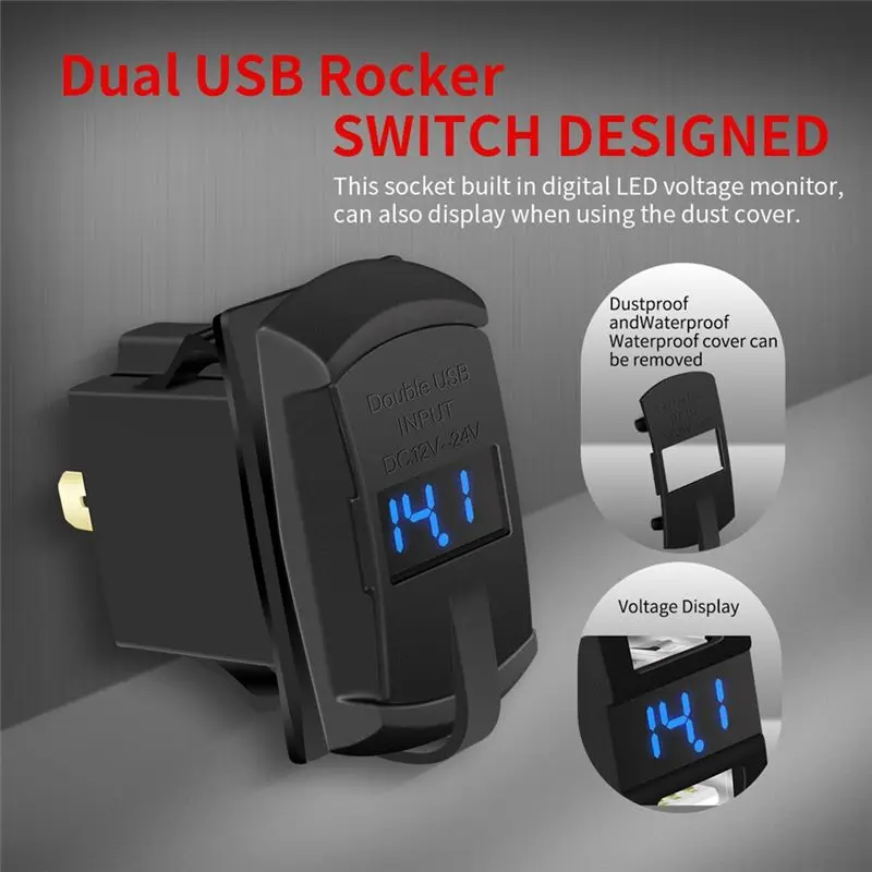 A82M-USB Marine For Rocker Switch 12V Dual Ports 4.2A Waterproof Outlet Socket Digital Voltmeter For Rocker Switch Panel