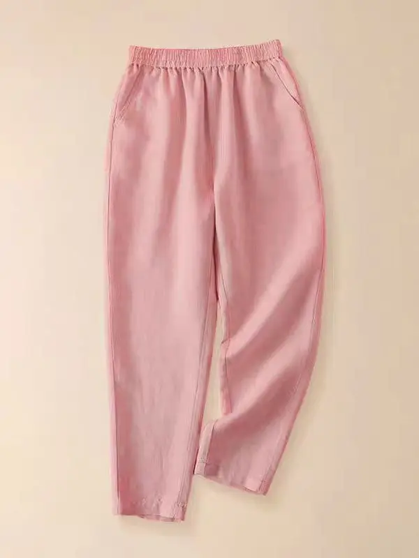 면 린넨 하라주쿠 바지 여성 여름 루즈핏 바지 7부 길이 허리 심플 출퇴근 슬레 폴디드