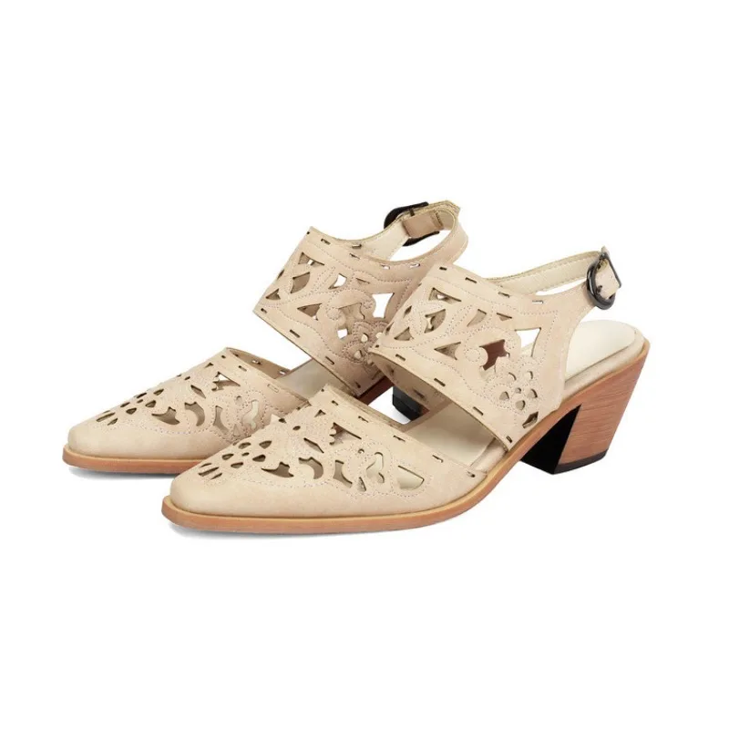 

2026 Women's Spring and Summer New Product Baotou Hollow Burnt Flower Hollow Roman Coarse High Heel Sandals Size 34-48