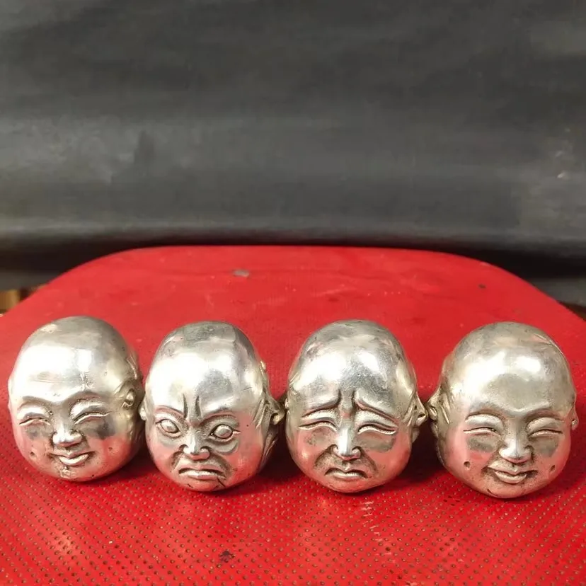 Statue en cuivre du Tibet chinois, figurine de Bouddha Maitreya à quatre faces sculptée en argent, représentant la joie, la colère, le chagrin et le bonheur, 1 pièce