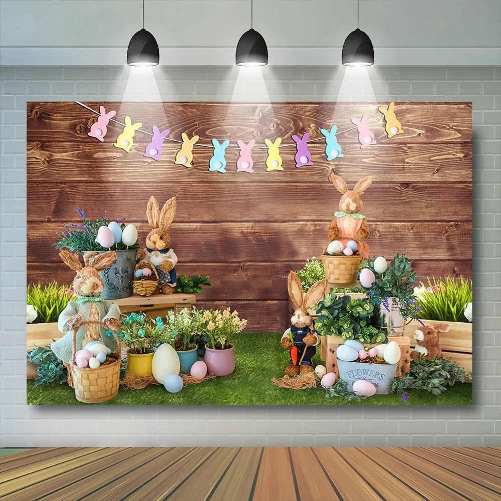 용수철 부활절 사진 배경 어린이 생일 파티 소품, 토끼 계란 꽃, 잔디 장식, 어린이 초상화 배경