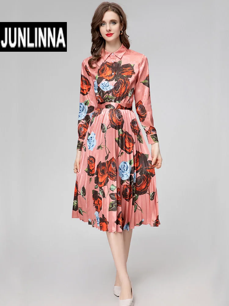 

JUNLINNA High Street Women Skirt Suit Fashion Flower Printing Shirt+Pleated Half Dress Two Piece Set