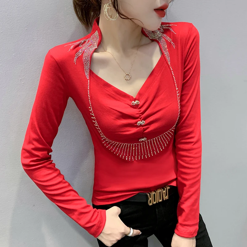 

Fall Winter European Clothes Cotton T-Shirt Chic Sexy V-Neck Drape Button Diamonds Women Tops Long Sleeve Hand Made Tees 1143