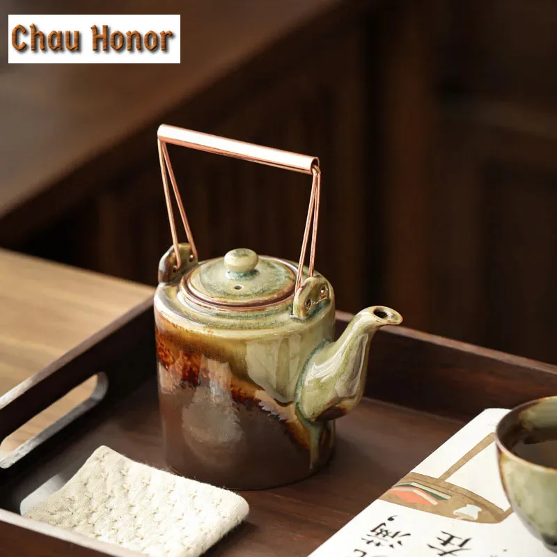 400ML Retro Wood-fired Loop-handled Teapot Handmade Single Pot with Filter Japanese Retro Kiln Change Household Kung Fu Teaware