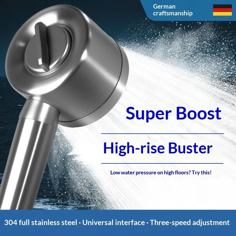 Stainless Steel Pressurized Shower Head - Super Strong 304 Brushed Metal, Shatter-Resistant Bathroom Shower Head