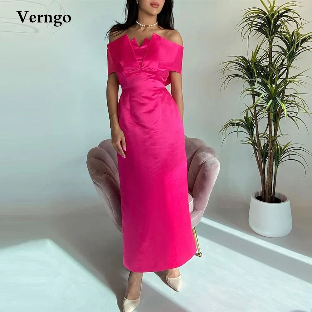 

Verngo Hot Pink Silk Satin Evening Party Dresses Strapless Short Sleeves Straight Arabic Women Formal Prom Gowns Ankle Length