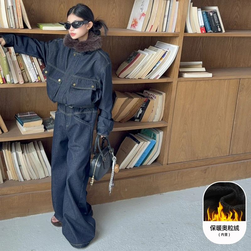 

Korean Winter Jacket & Pants 2-Piece Thickened Outfit for Toddlers 2025 Fashion Children's Sets Girls' Fleece-Lined Denim Set