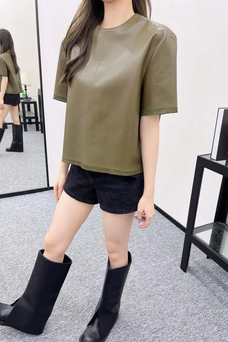 

Korean style women's T-shirt fashionable, simple, loose, slimming, capable, versatile daily short sleeved leather jacket