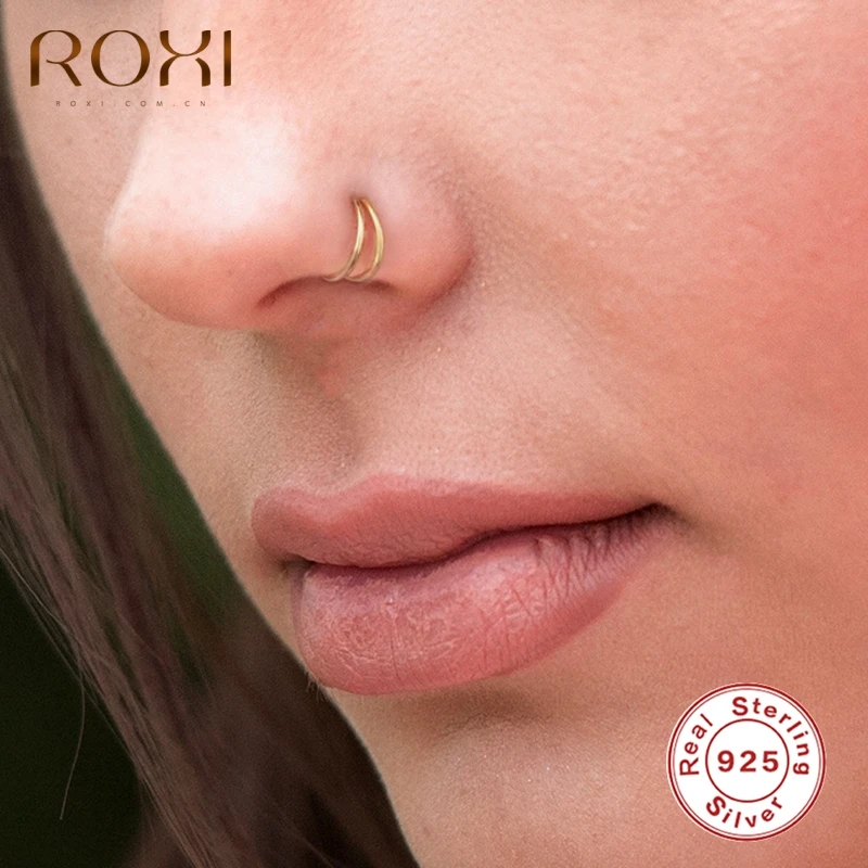 ROXI Fashion Glossy Double Round Nose Rings for Women Men Body Nose Piercing Cartilage Jewelry 925 Sterling Silver Piercing Nez