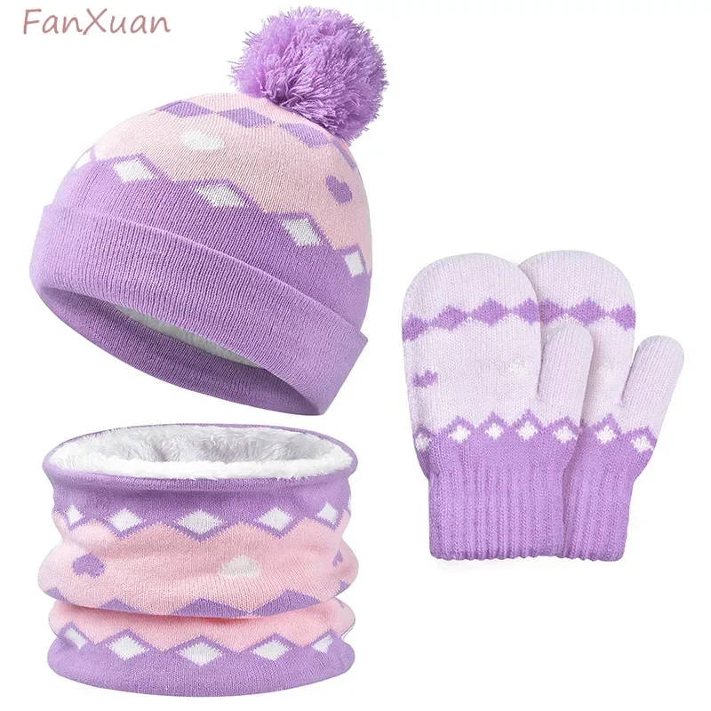 

3pcs Children Winter Hat Scarf Gloves Set for 2-6Years Girls Beanies Knit Thick Fleece-lined Pink Purple Striped Winter Set Kids