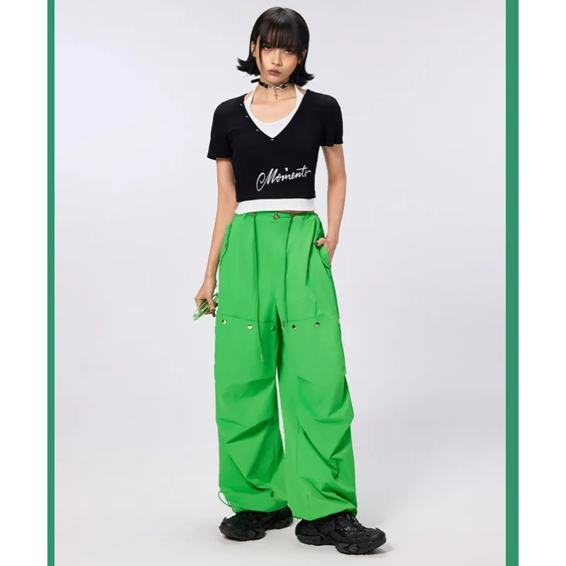 

Hot Girl Low-waist Overalls Women Trendy Pants Cool Spring Summer Style American Loose Pleated Straight Wide-leg Casual Trousers