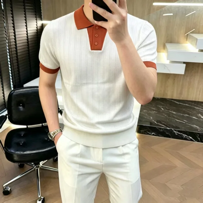 2026 Summer Luxury Knitted Polo Shirt Men's Short Sleeve Casual Social T-shirt Splicing Business Social Polo Shirts Men Clothing