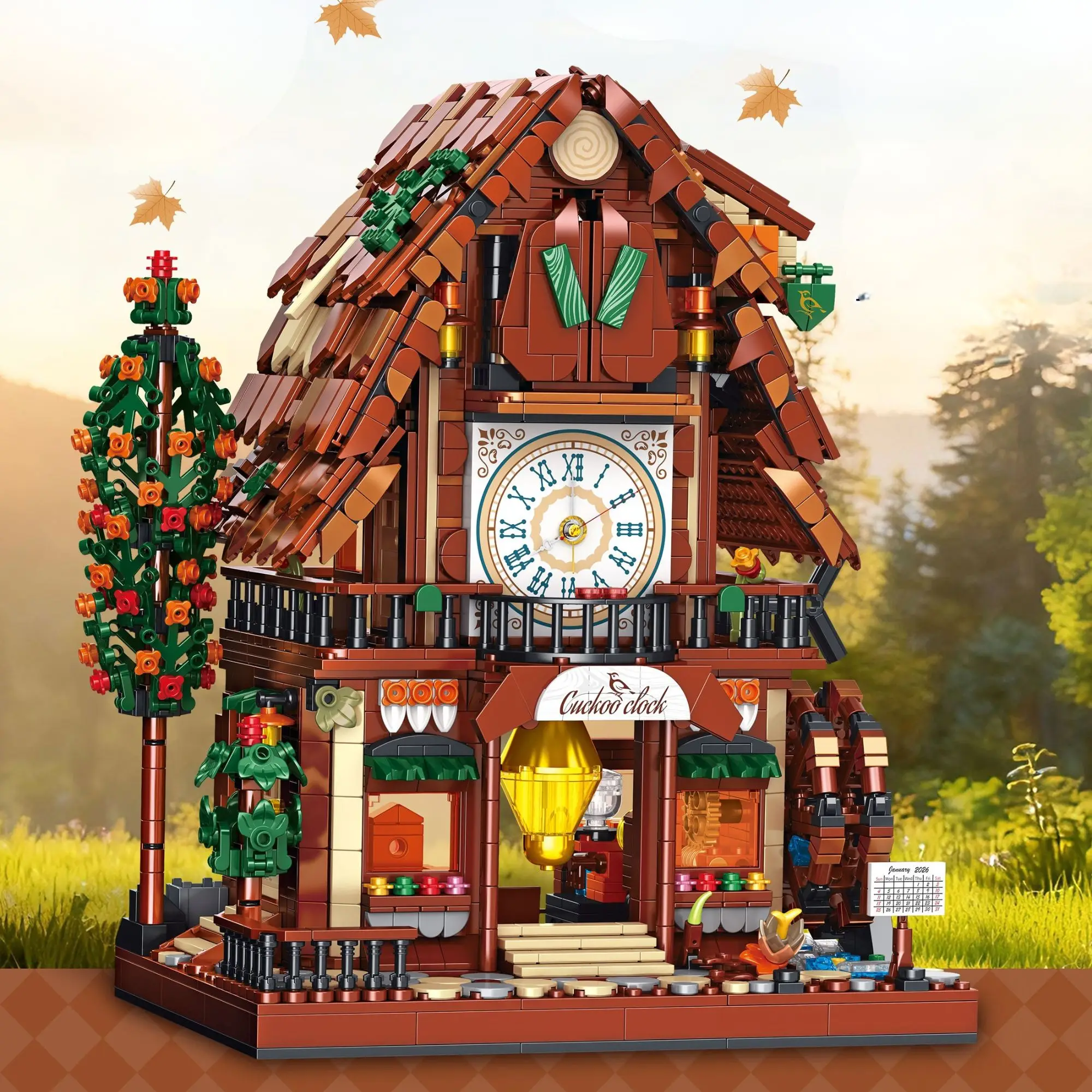 2062-teiliger Kuckucksuhr-Haus-Bausatz Straßenansicht Römisches Zifferblatt Mittelalterliche Hütte Konstruktions-Bausteine Spielzeug für Erwachsene Geschenke